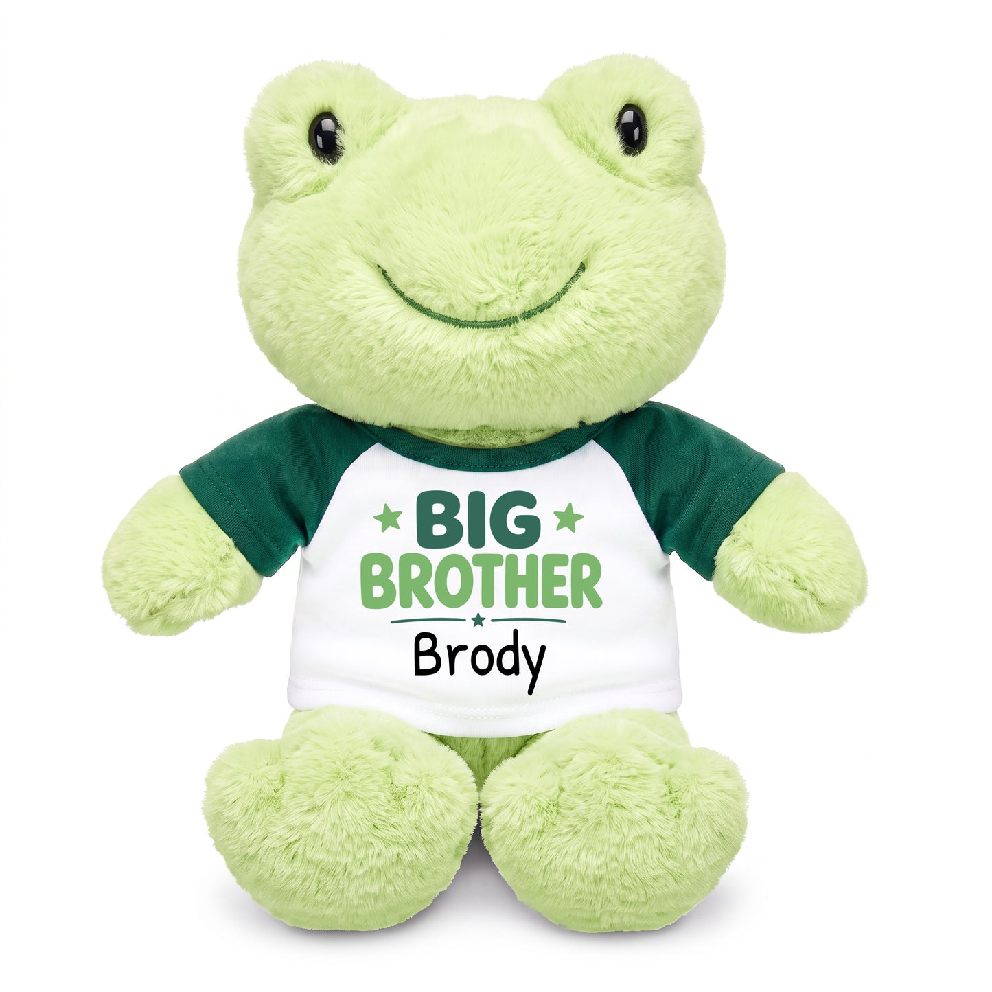 Personalized Big Brother Stuffed Frog - 12 Inch Plush Tumbletoes Frog - Green Shirt, Green Design