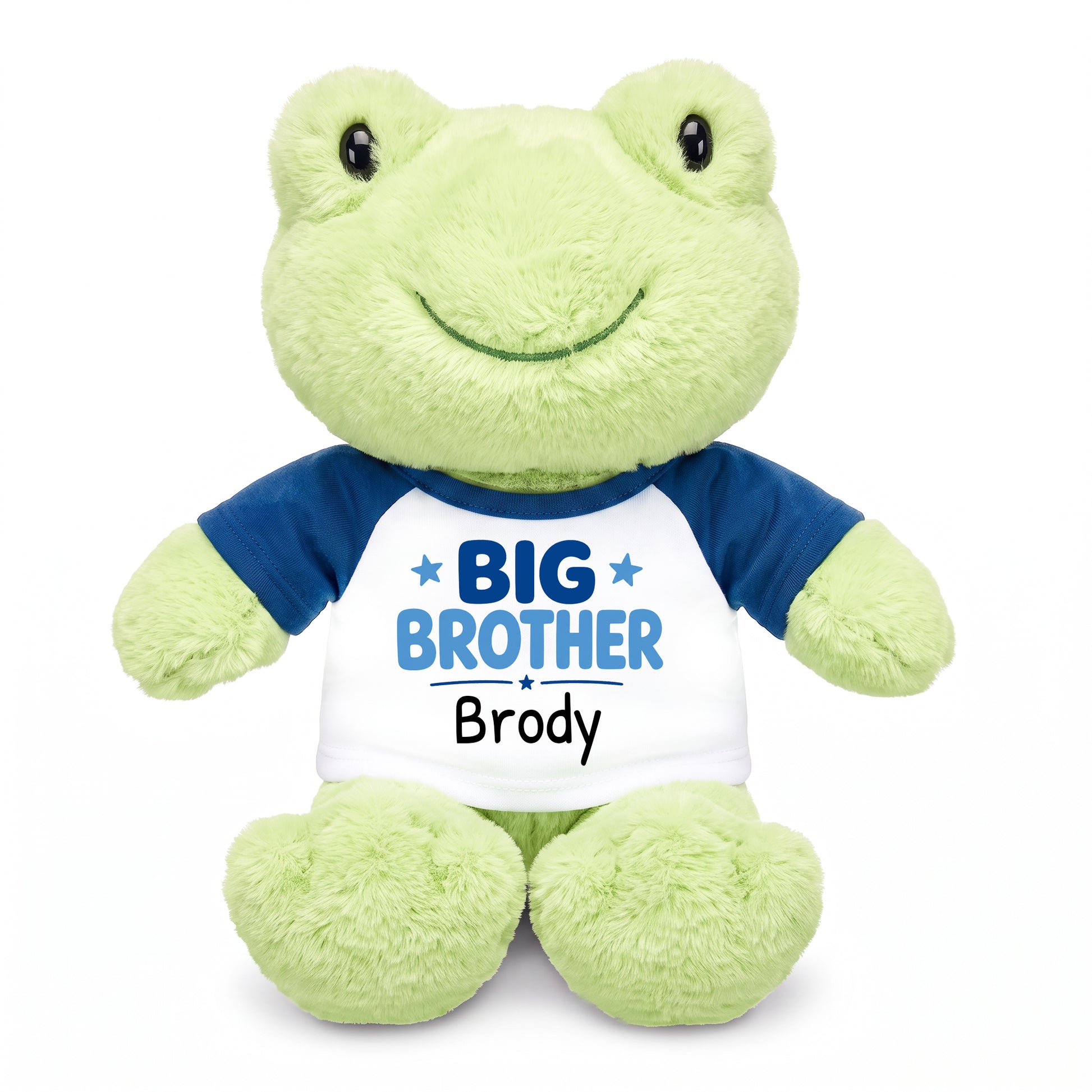 Personalized Big Brother Stuffed Frog - 12 Inch Plush Tumbletoes Frog - Royal Blue Shirt, Blue Design