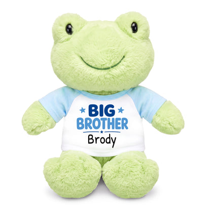 Personalized Big Brother Stuffed Frog - 12 Inch Plush Tumbletoes Frog - Light Blue Shirt, Blue Design