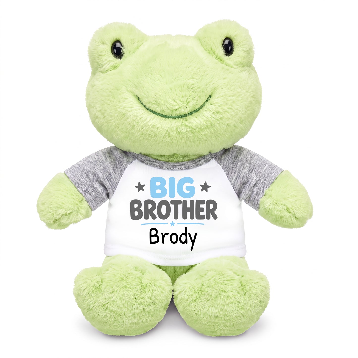 Personalized Big Brother Stuffed Frog - 12 Inch Plush Tumbletoes Frog - Grey Shirt, Light Blue and Grey Design