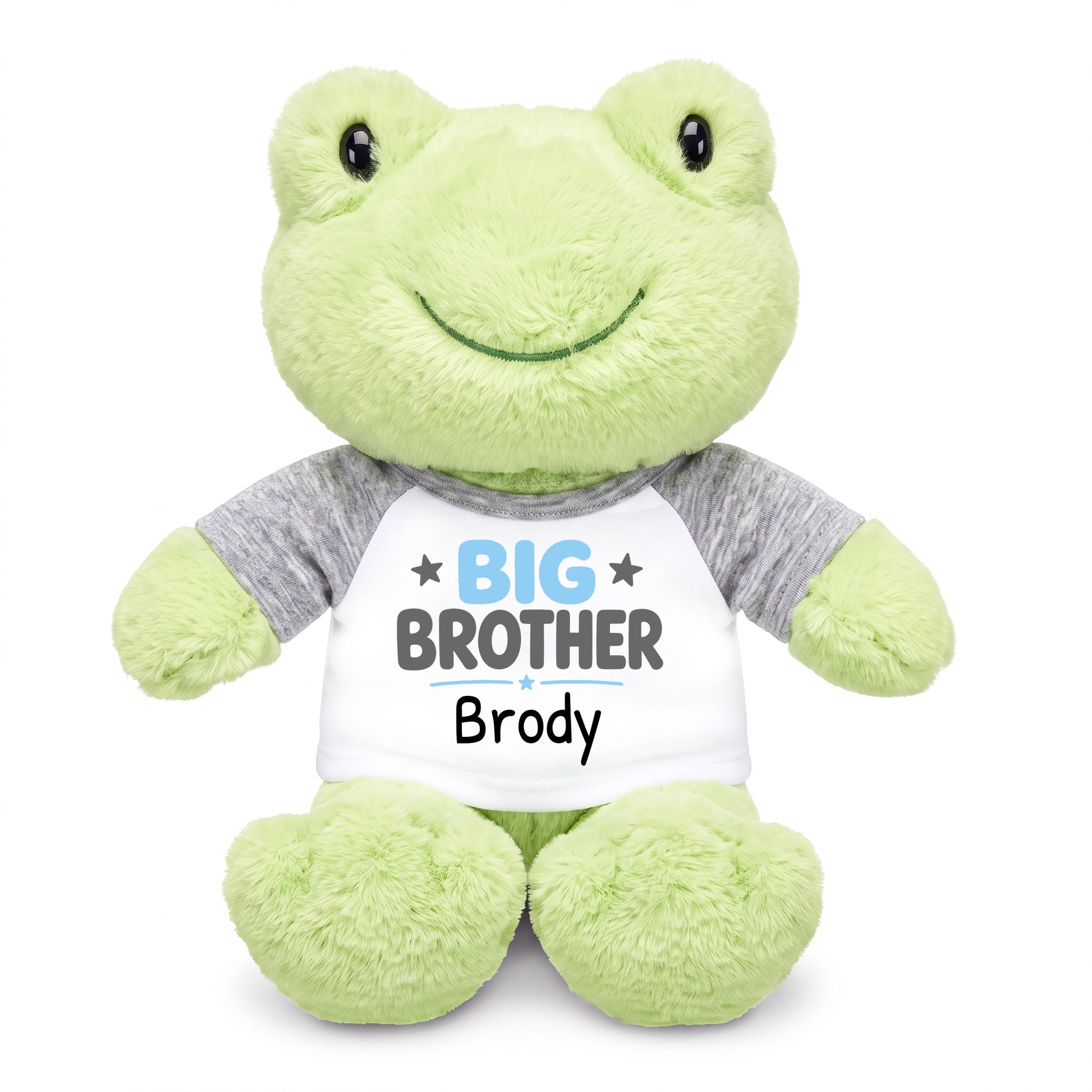 Personalized Big Brother Stuffed Frog - 12 Inch Plush Tumbletoes Frog - Grey Shirt, Light Blue and Grey Design