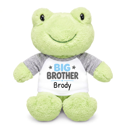 Personalized Big Brother Stuffed Frog - 12 Inch Plush Tumbletoes Frog - Grey Shirt, Light Blue and Grey Design