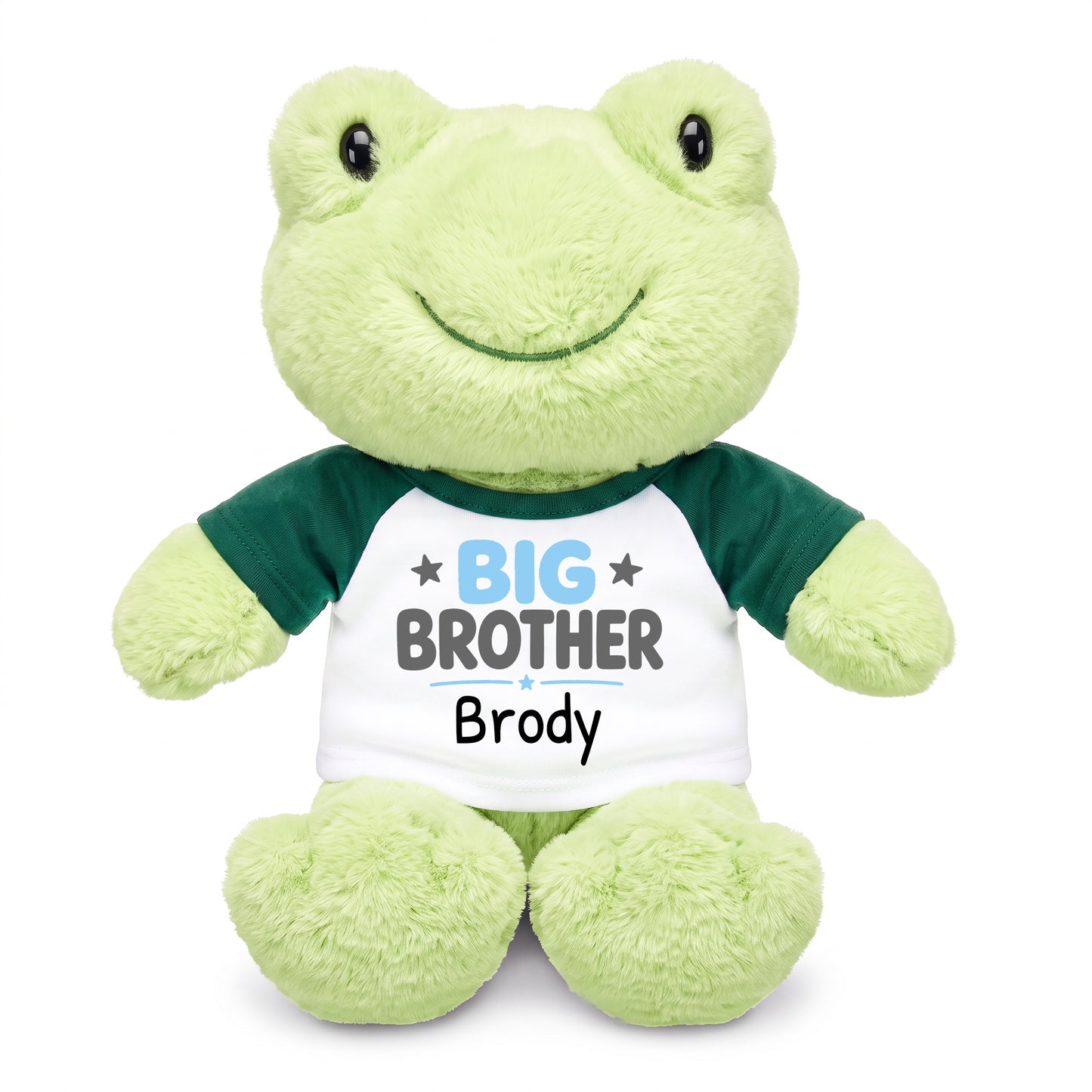 Personalized Big Brother Stuffed Frog - 12 Inch Plush Tumbletoes Frog - Green Shirt, Light Blue and Grey Design