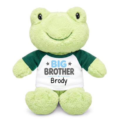 Personalized Big Brother Stuffed Frog - 12 Inch Plush Tumbletoes Frog - Green Shirt, Light Blue and Grey Design