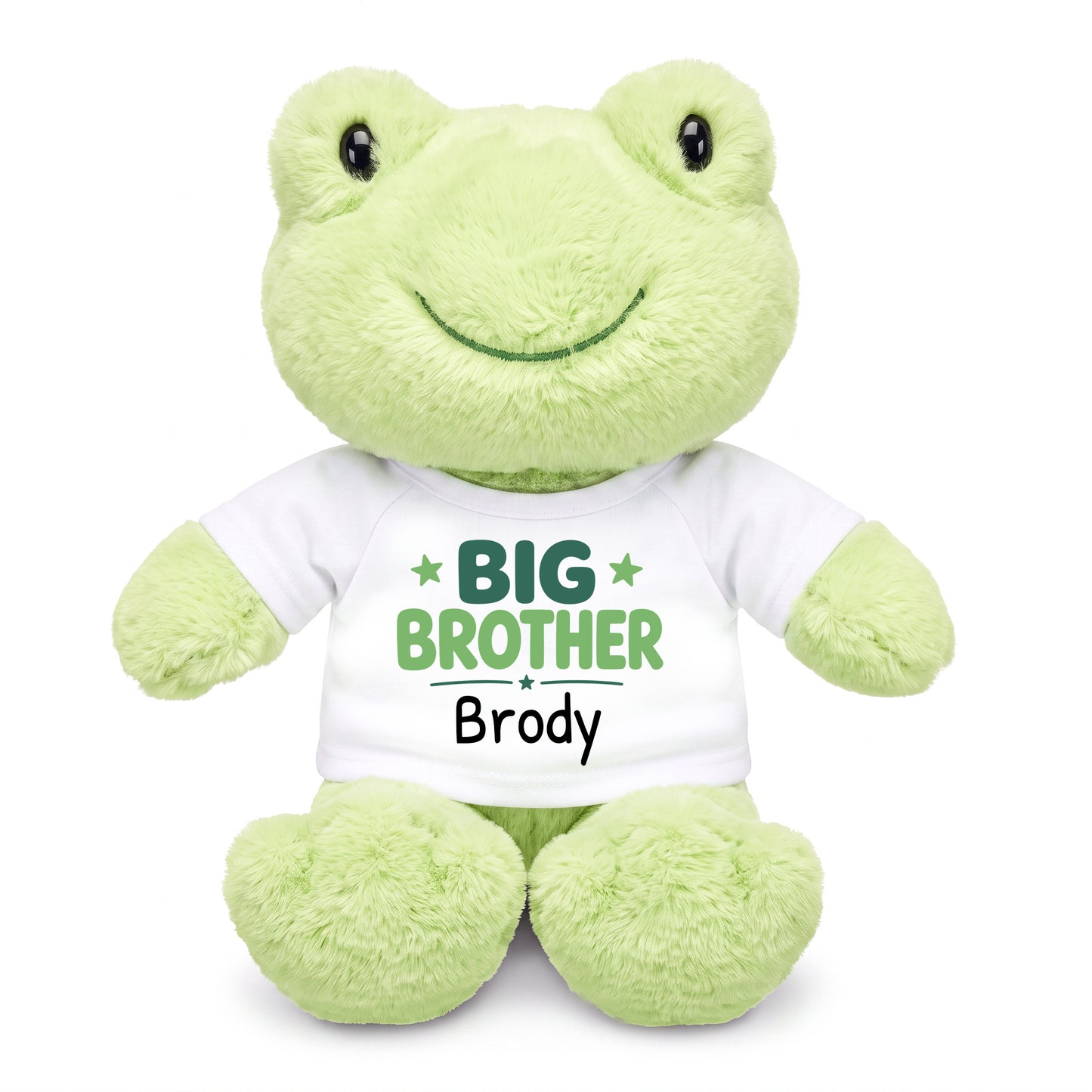 Personalized Big Brother Stuffed Frog - 12 Inch Plush Tumbletoes Frog - White Shirt, Green Design