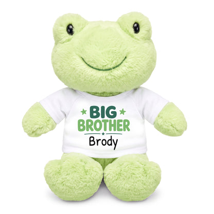 Personalized Big Brother Stuffed Frog - 12 Inch Plush Tumbletoes Frog - White Shirt, Green Design
