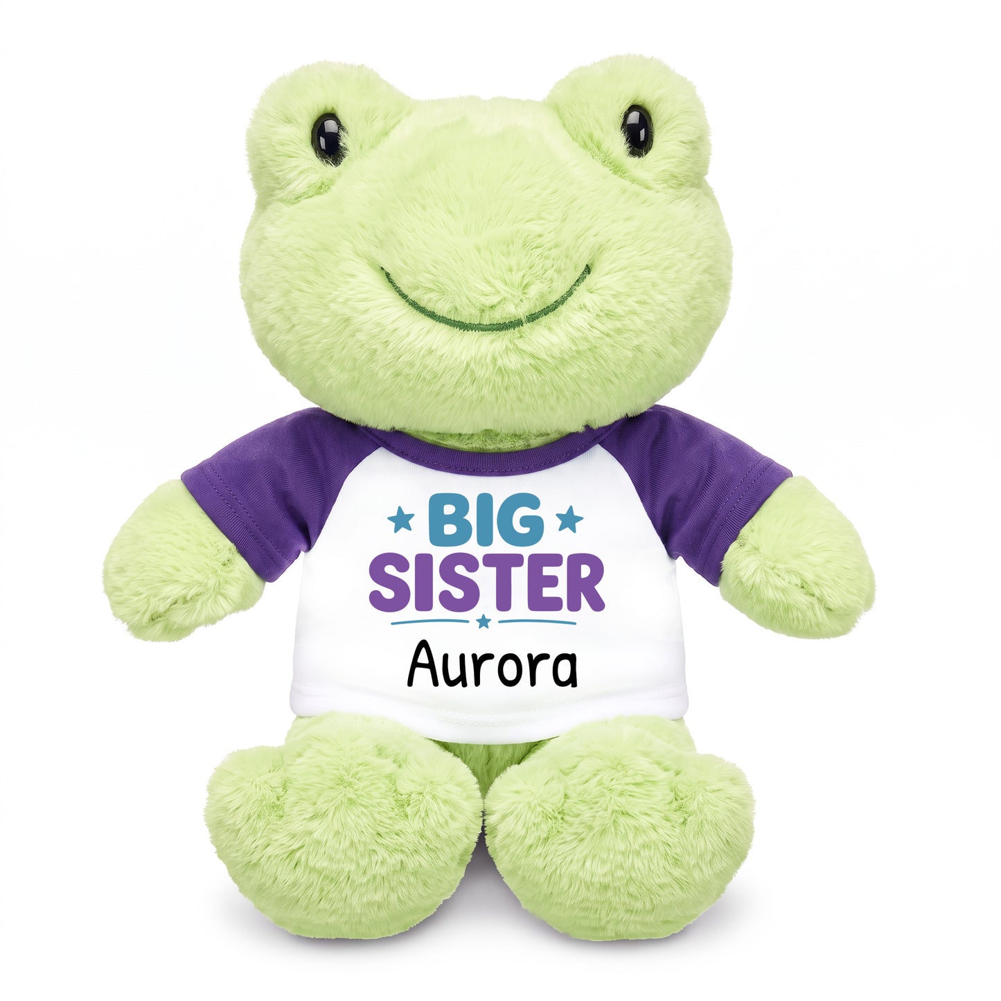 Personalized Big Sister Stuffed Frog - 12 Inch Plush Tumbletoes Frog - Purple Shirt with Teal/Purple Design