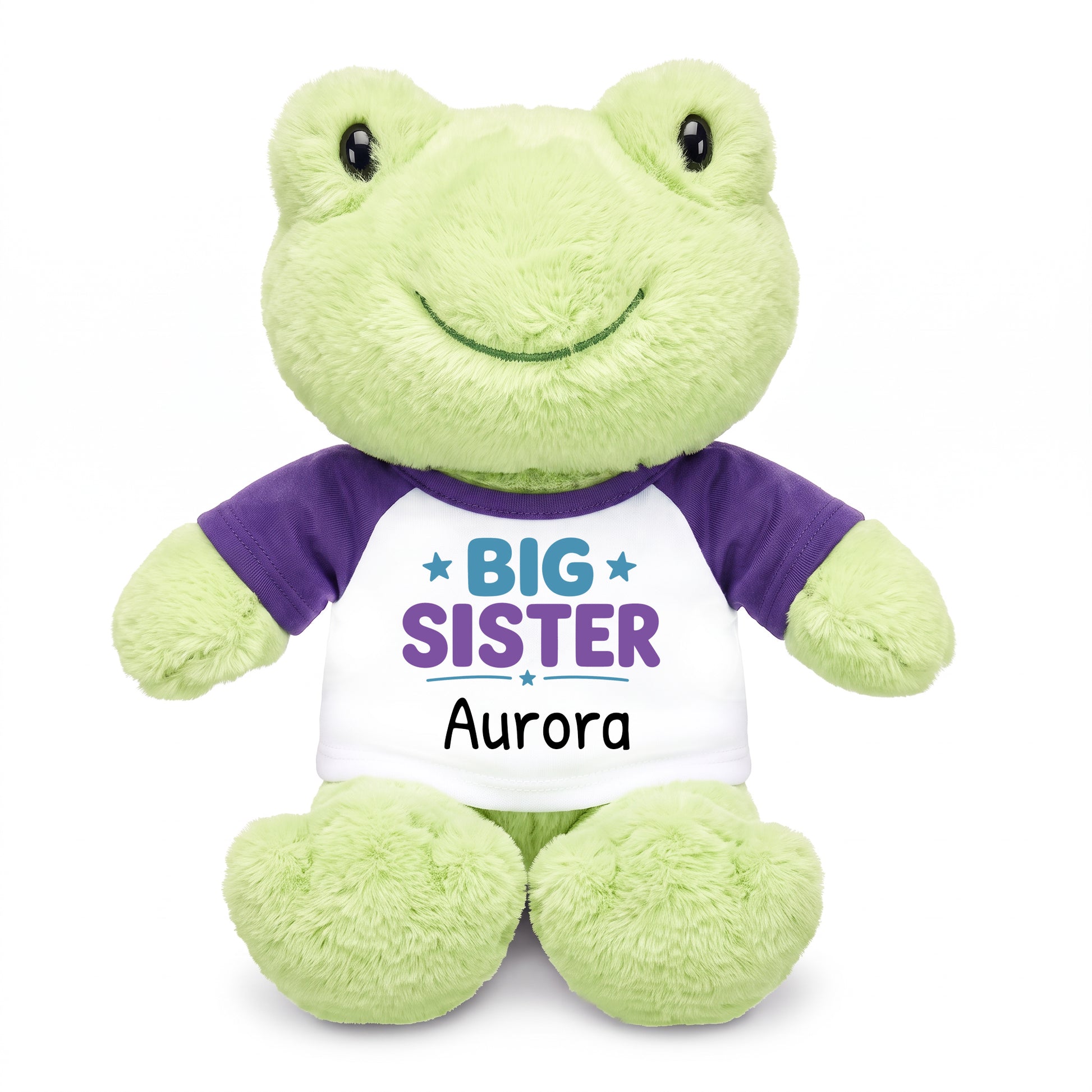 Personalized Big Sister Stuffed Frog - 12 Inch Plush Tumbletoes Frog - Purple Shirt with Teal/Purple Design