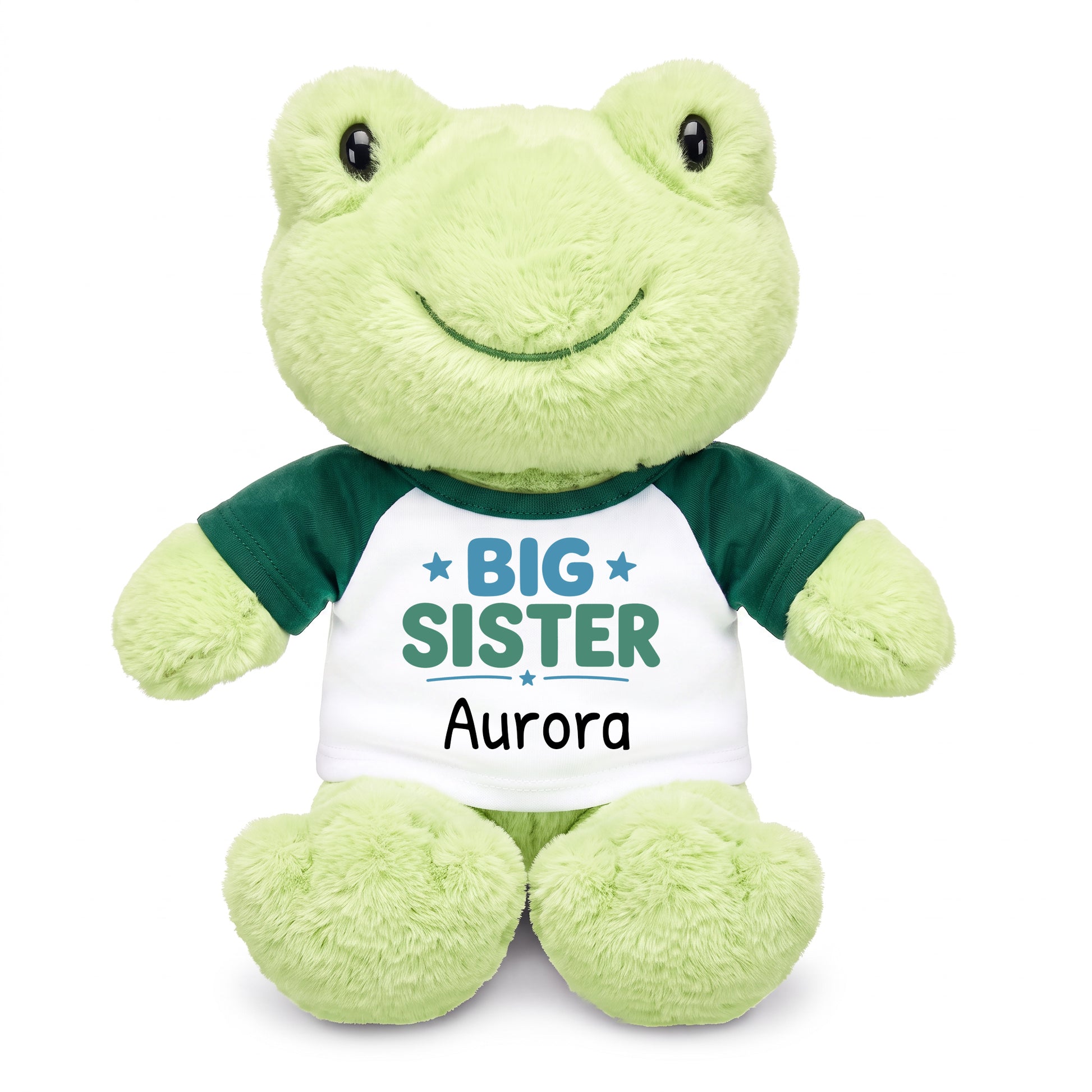 Personalized Big Sister Stuffed Frog - 12 Inch Plush Tumbletoes Frog - Green Shirt with Teal/Green Design