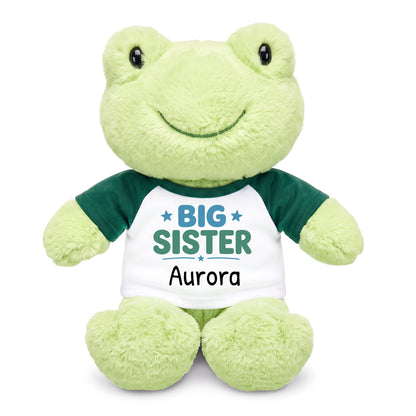 Personalized Big Sister Stuffed Frog - 12 Inch Plush Tumbletoes Frog - Green Shirt with Teal/Green Design