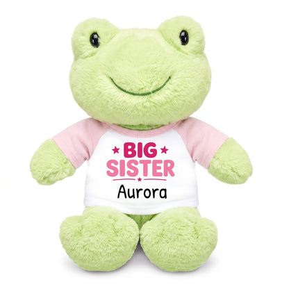 Personalized Big Sister Stuffed Frog - 12 Inch Plush Tumbletoes Frog - Pink Shirt with Pink Design