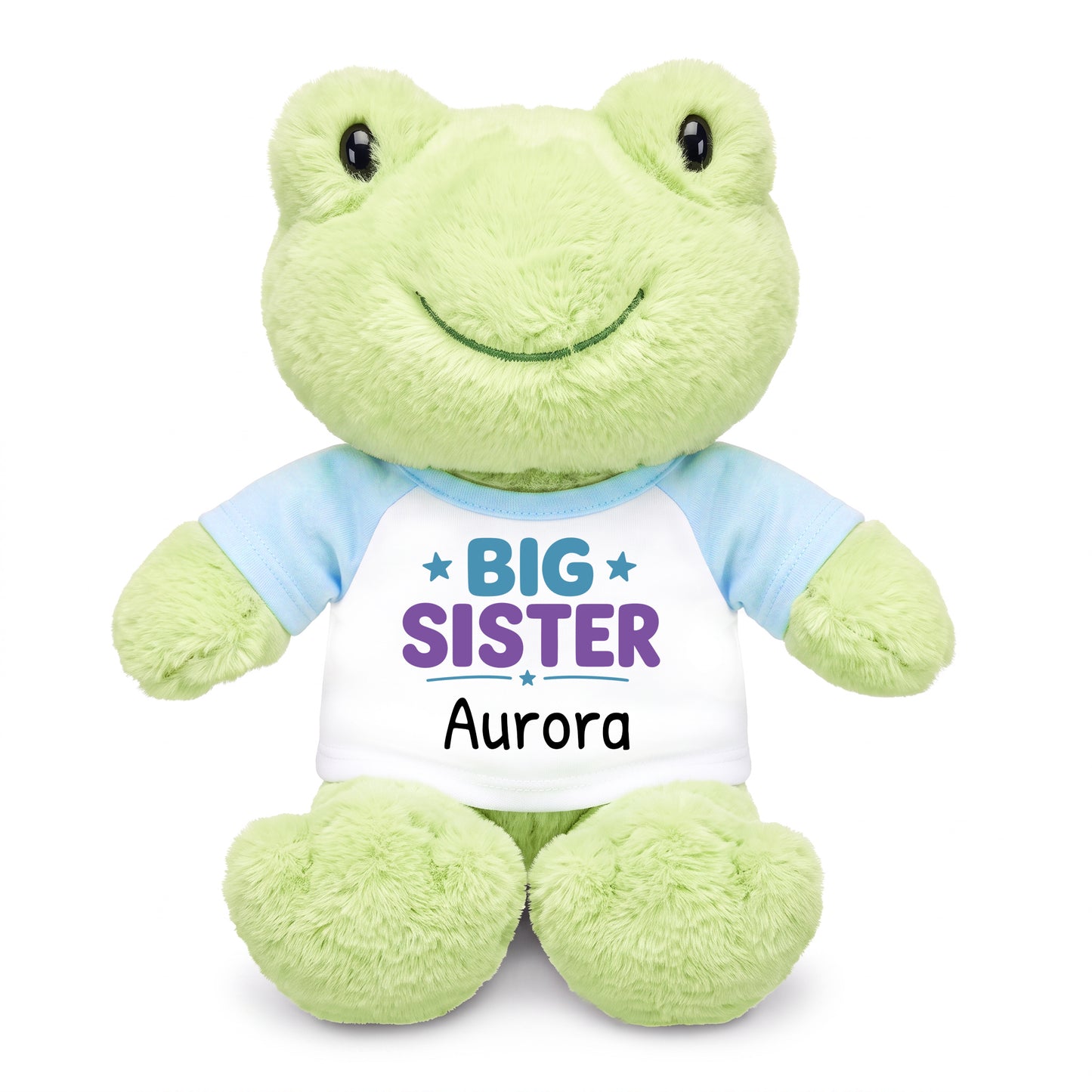 Personalized Big Sister Stuffed Frog - 12 Inch Plush Tumbletoes Frog - Light Blue Shirt with Teal / Purple Design