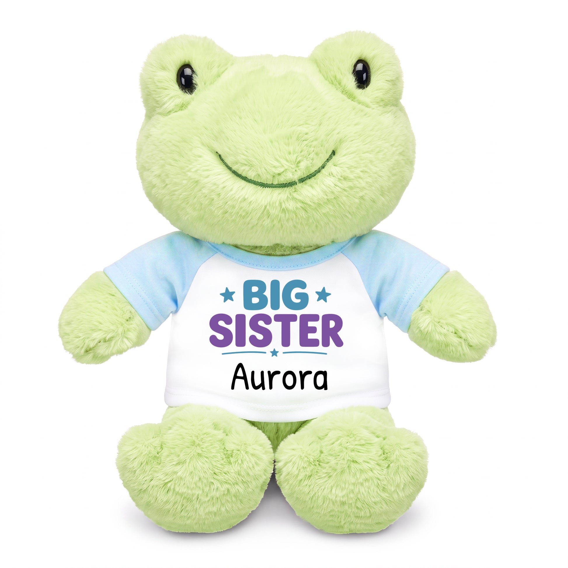 Personalized Big Sister Stuffed Frog - 12 Inch Plush Tumbletoes Frog - Light Blue Shirt with Teal / Purple Design