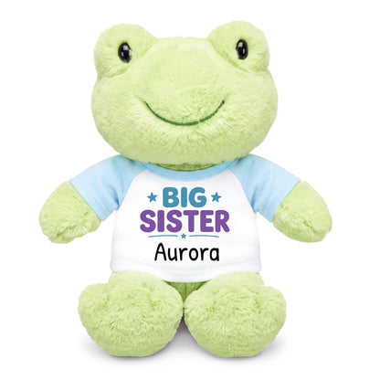 Personalized Big Sister Stuffed Frog - 12 Inch Plush Tumbletoes Frog - Light Blue Shirt with Teal / Purple Design