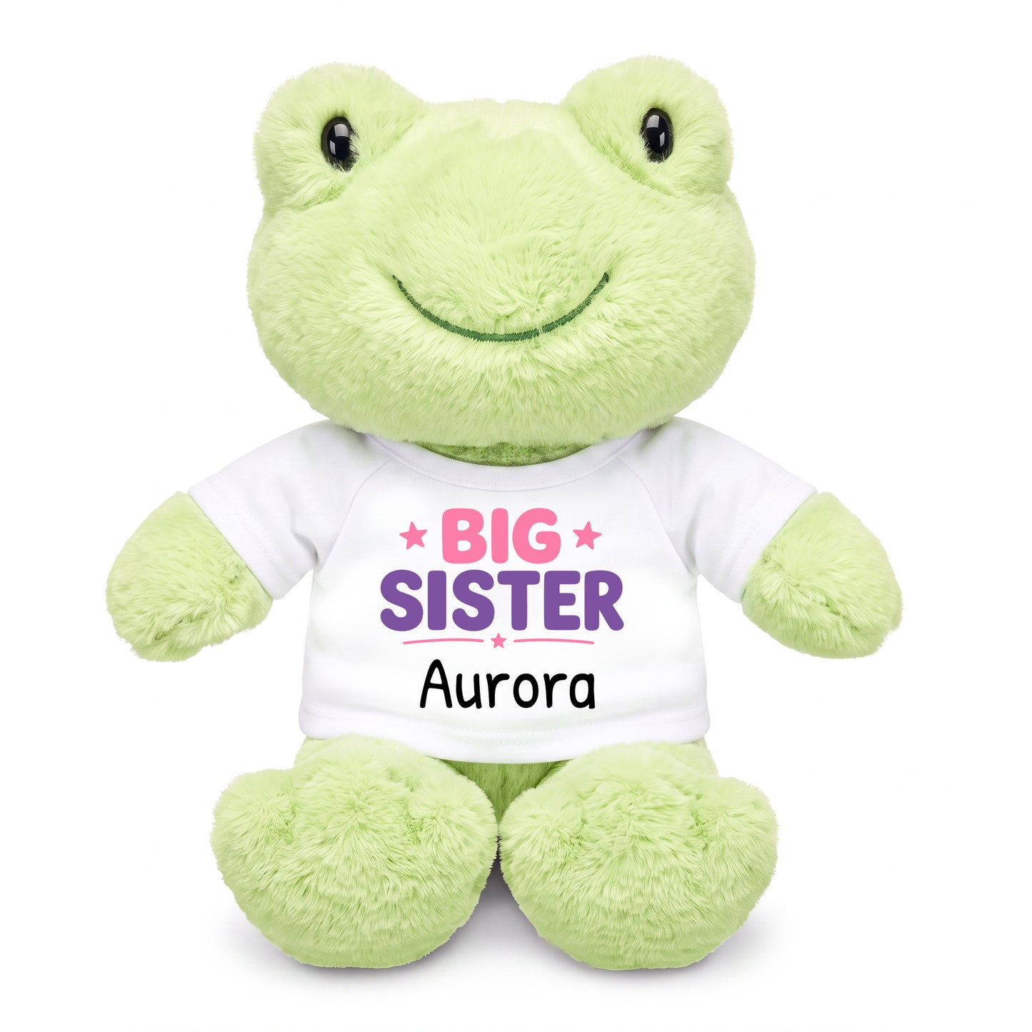 Personalized Big Sister Stuffed Frog - 12 Inch Plush Tumbletoes Frog - White Shirt with Pink/Purple Design
