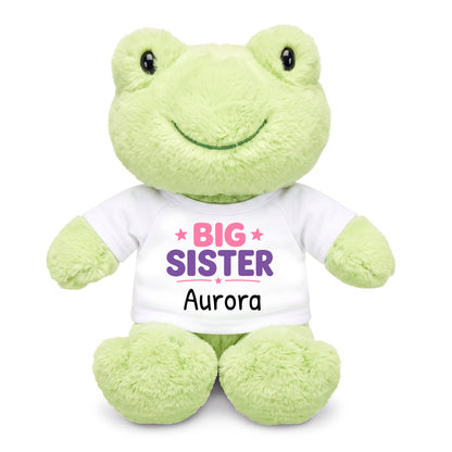 Personalized Big Sister Stuffed Frog - 12 Inch Plush Tumbletoes Frog - White Shirt with Pink/Purple Design