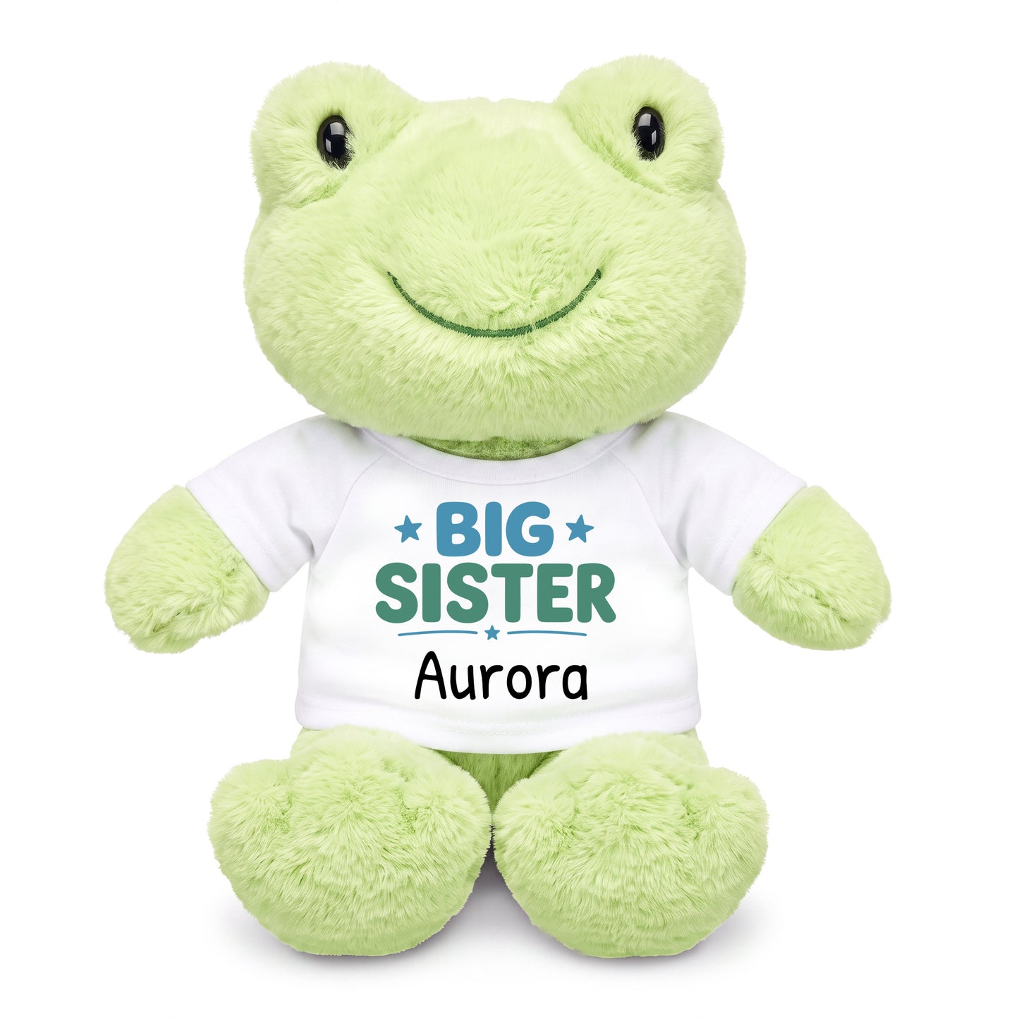 Personalized Big Sister Stuffed Frog - 12 Inch Plush Tumbletoes Frog - White Shirt with Teal/Green Design