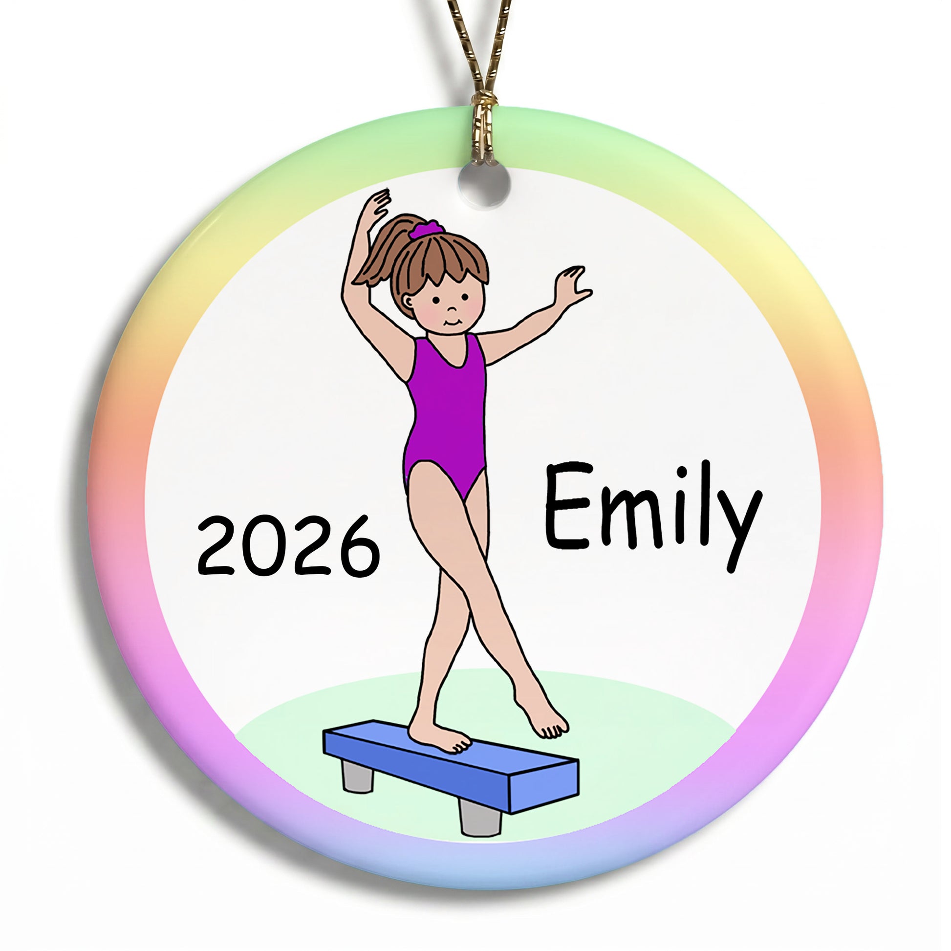 Gymnastics Christmas Ornament - Girl on Beam Design - Brown Hair
