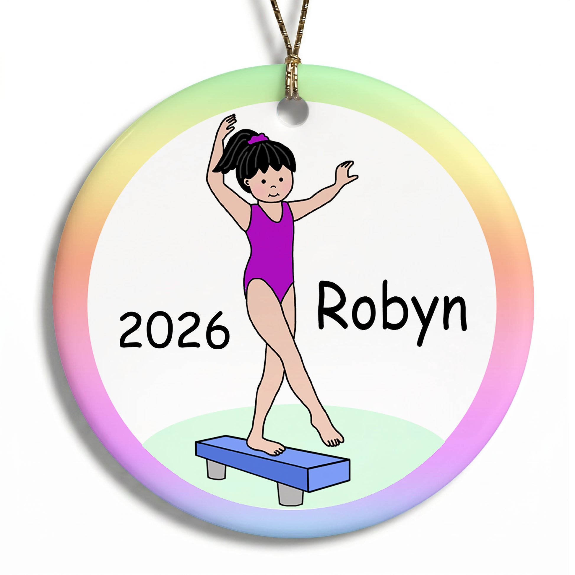 Gymnastics Christmas Ornament - Girl on Beam Design - Black Hair
