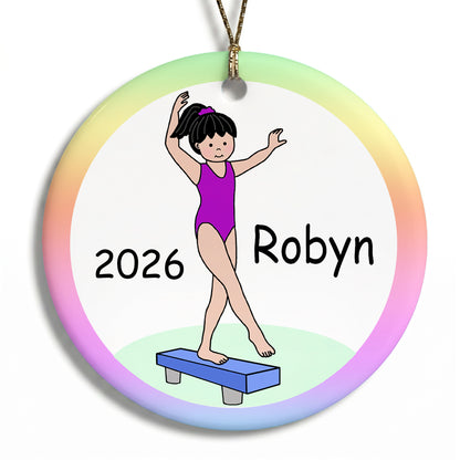 Gymnastics Christmas Ornament - Girl on Beam Design - Black Hair