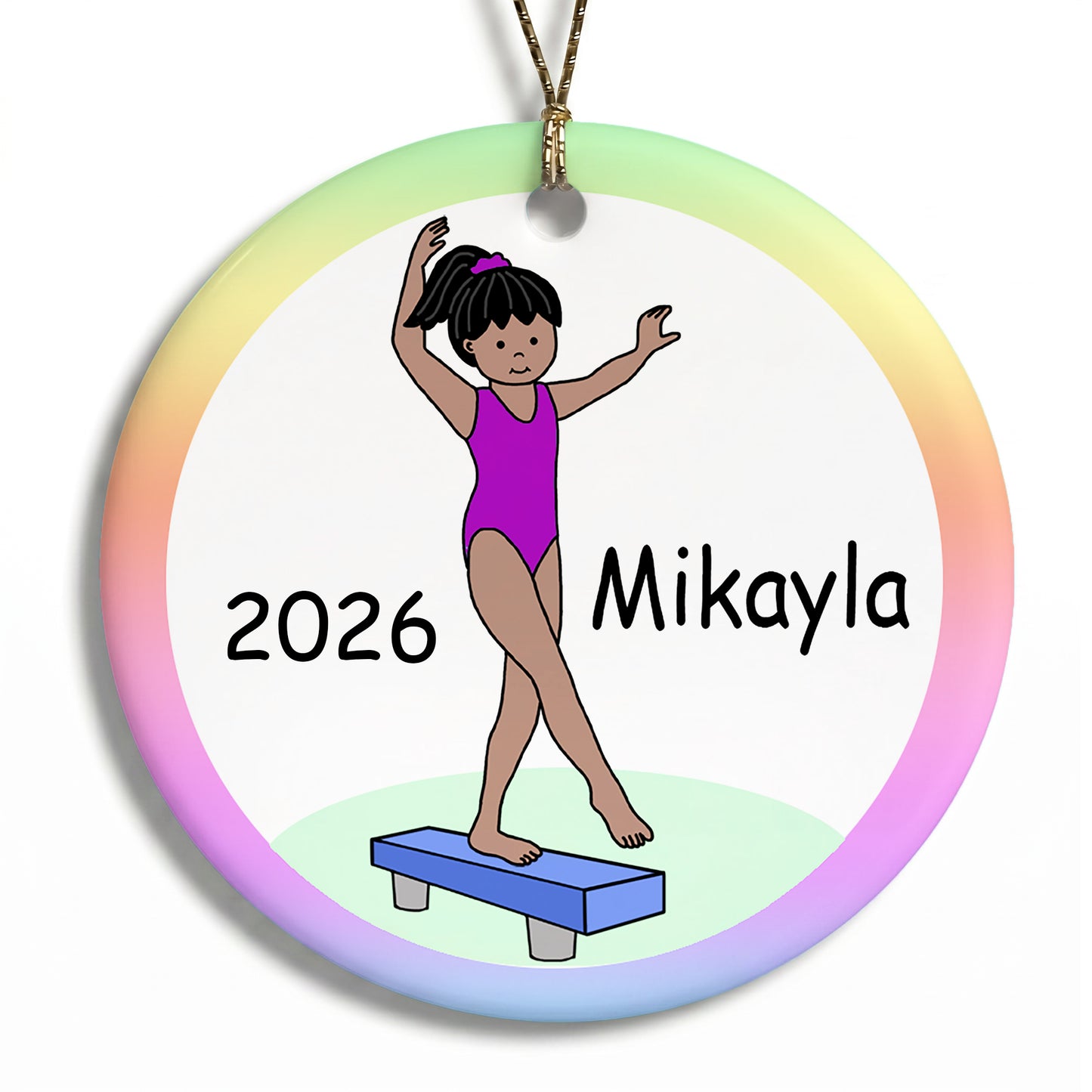 Gymnastics Christmas Ornament - Girl on Beam Design - Medium Skin and Black Hair