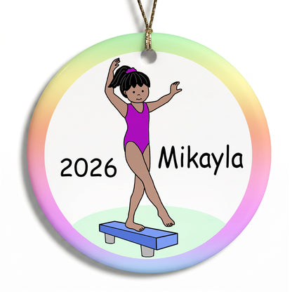 Gymnastics Christmas Ornament - Girl on Beam Design - Medium Skin and Black Hair
