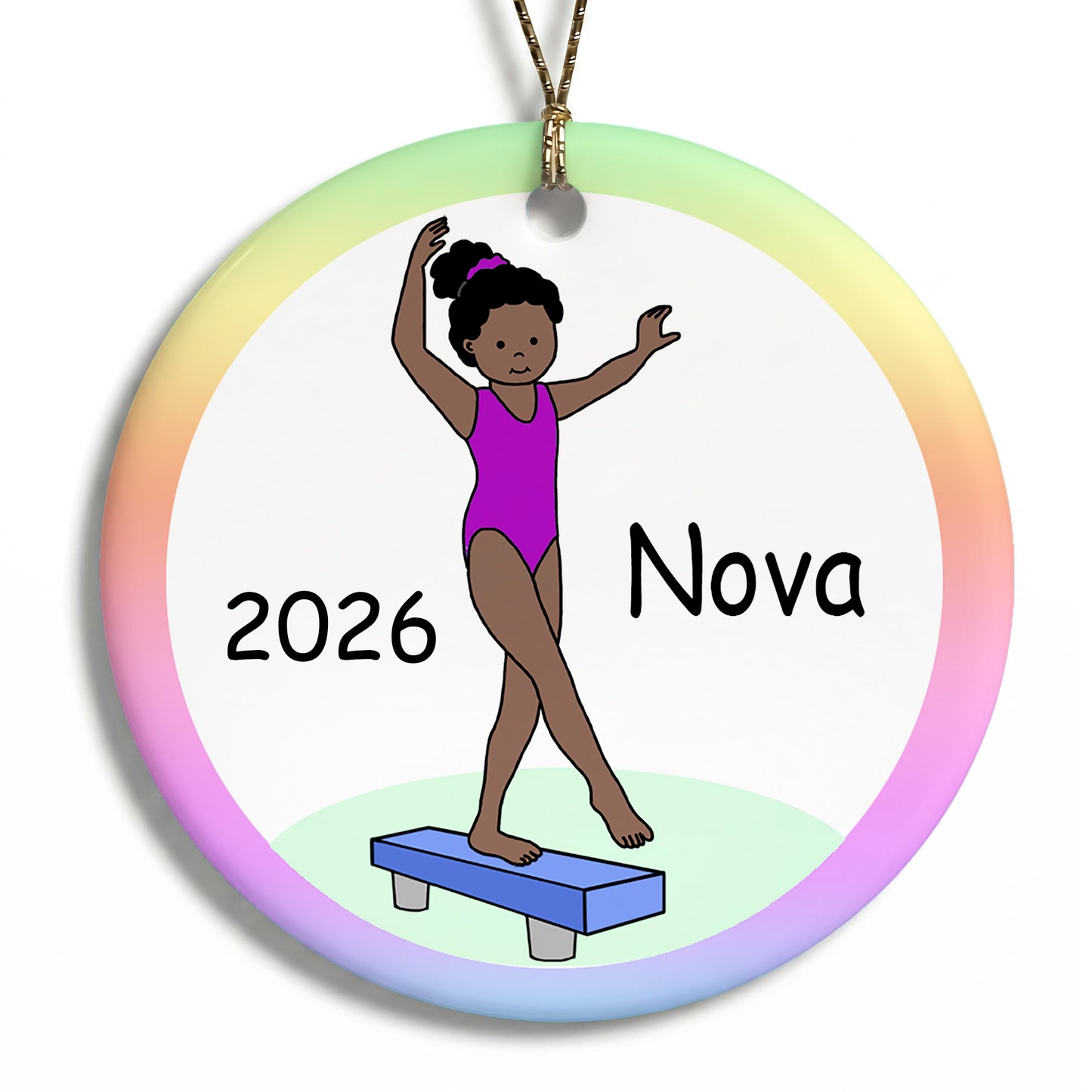 Gymnastics Christmas Ornament - Girl on Beam Design - Black / African American