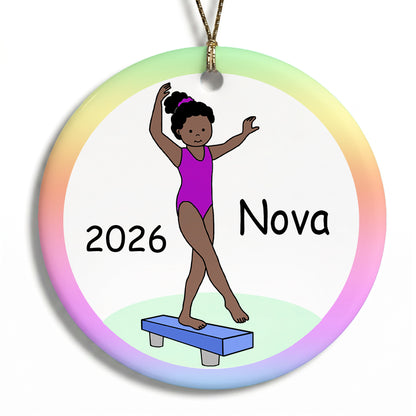 Gymnastics Christmas Ornament - Girl on Beam Design - Black / African American