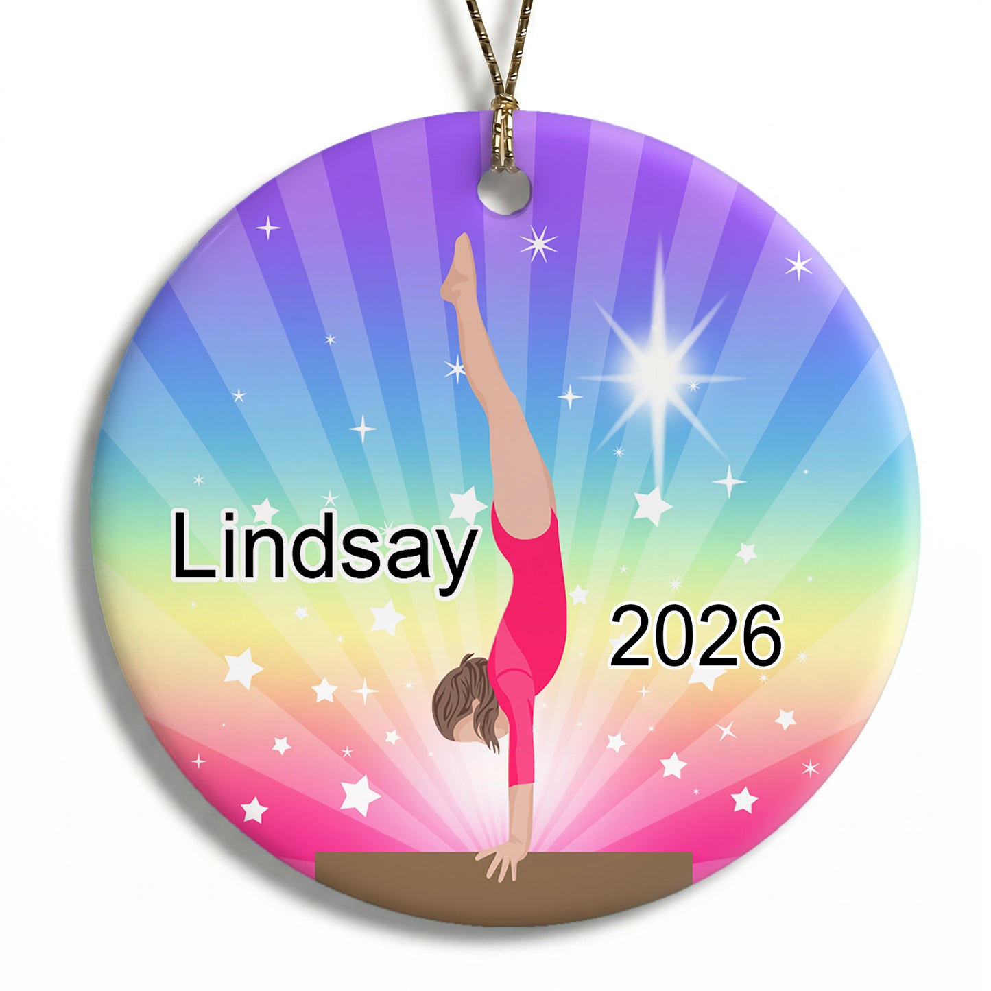 Gymnastics Dreams Christmas Ornament - Beam Design - Brown Hair