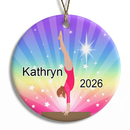Gymnastics Dreams Christmas Ornament - Beam Design - Red Hair