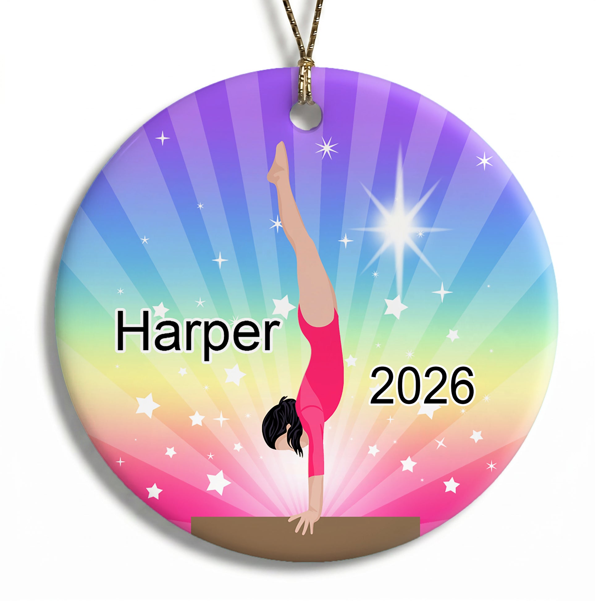Gymnastics Dreams Christmas Ornament - Beam Design - Black Hair