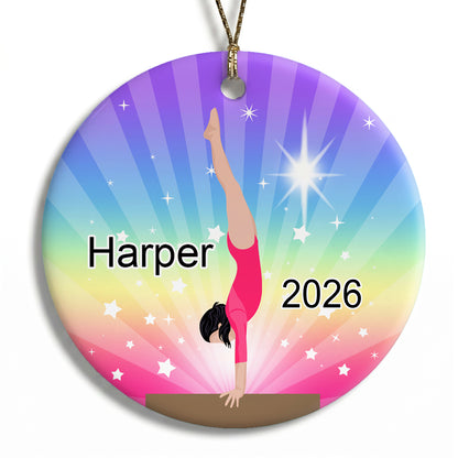 Gymnastics Dreams Christmas Ornament - Beam Design - Black Hair