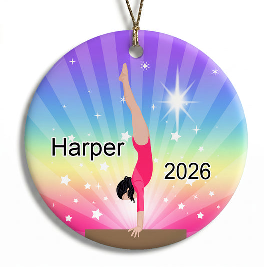 Gymnastics Dreams Christmas Ornament - Beam Design - Black Hair