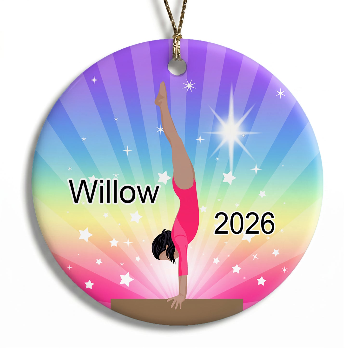 Gymnastics Dreams Christmas Ornament - Beam Design - Medium Skin with Black Hair