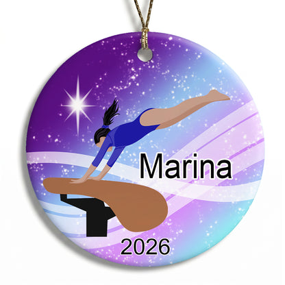 Gymnastics Dreams Christmas Ornament - Vault Design - Medium Skin / Black Hair