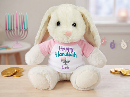 Personalized Hanukkah Bunny - 13 Inch Plush White Rabbit - My First Hanukkah Design  or Happy Hanukkah design - custom Hanukkah gift personalized with name
