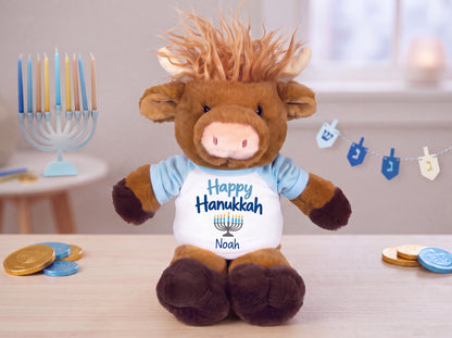Personalized Hanukkah Stuffed Cow - 12 Inch Plush Scottish Highland Cow - My First Hanukkah Design or Happy Hanukkah Design - custom Hanukka gift