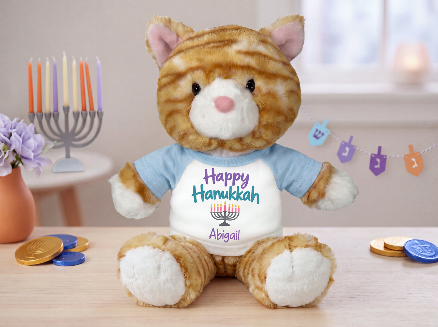 Personalized Hanukkah Stuffed Cat - 12 Inch Plush Tabby Cat - My First Hanukkah Design or Happy Hanukkah Design - custom Hanukkah gift