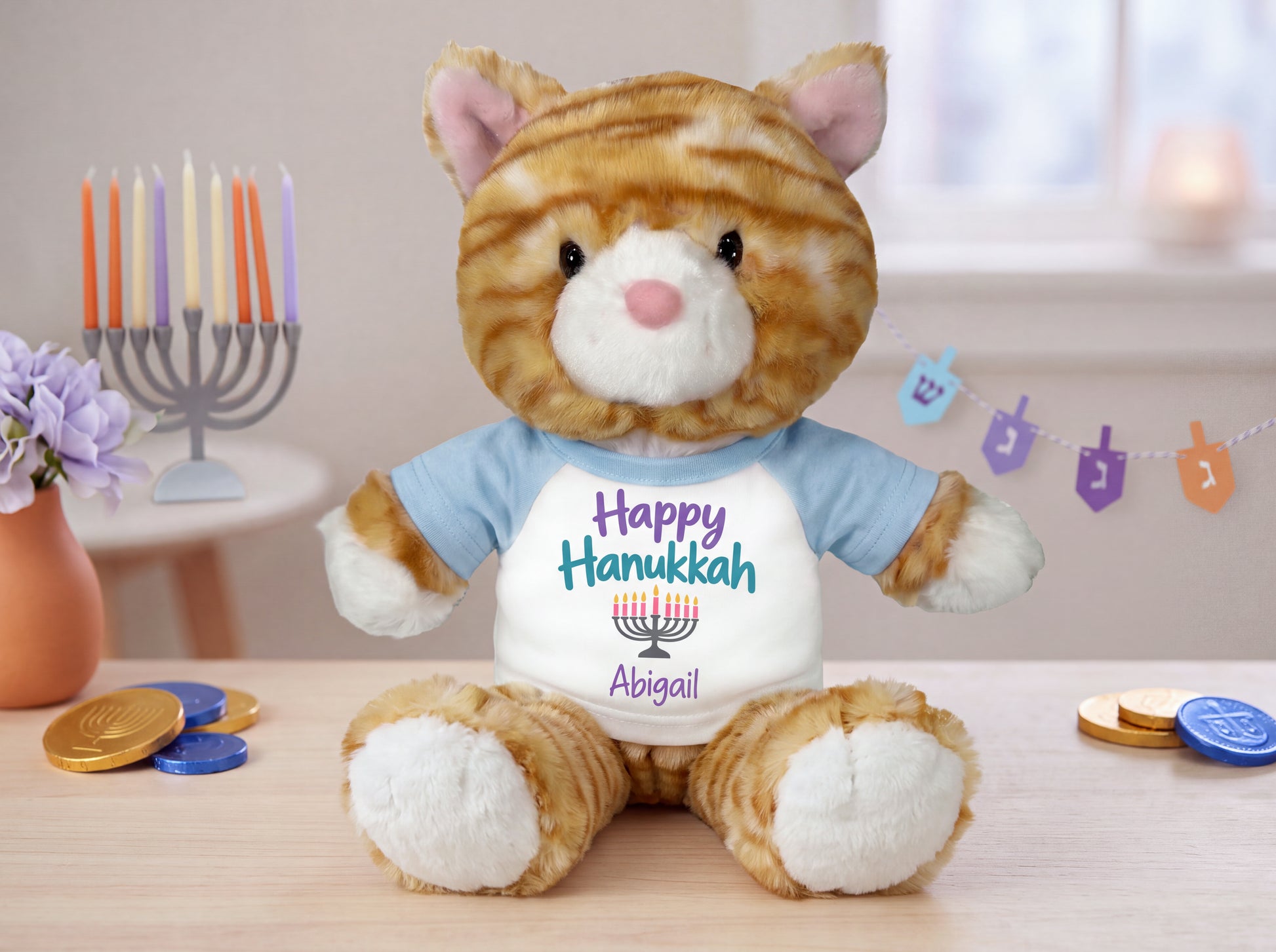 Personalized Hanukkah Stuffed Cat - 12 Inch Plush Tabby Cat - My First Hanukkah Design or Happy Hanukkah Design - custom Hanukkah gift