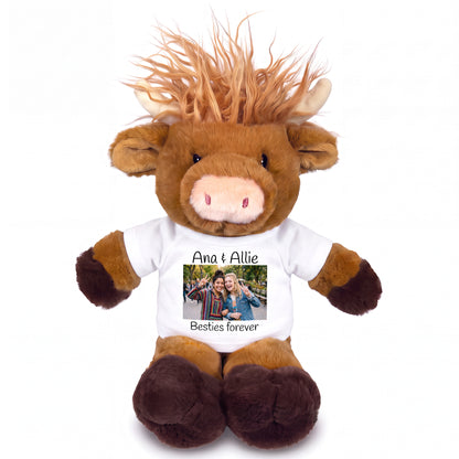 Personalized Stuffed Scottish Highland Cow / Mucklecoo - 12" Plush with Photo & Text - White Shirt