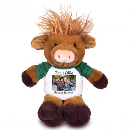 Personalized Stuffed Scottish Highland Cow / Mucklecoo - 12" Plush with Photo & Text - Green Shirt