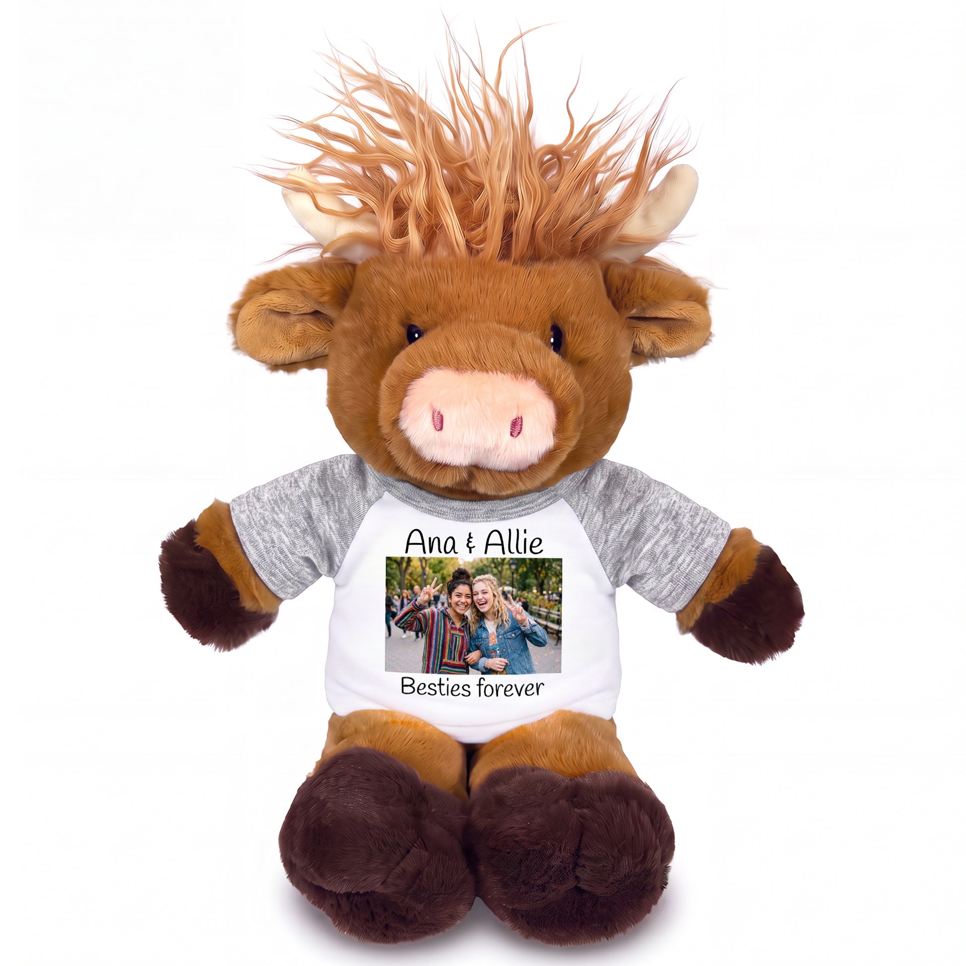 Personalized Stuffed Scottish Highland Cow / Mucklecoo - 12" Plush with Photo & Text - Grey Shirt
