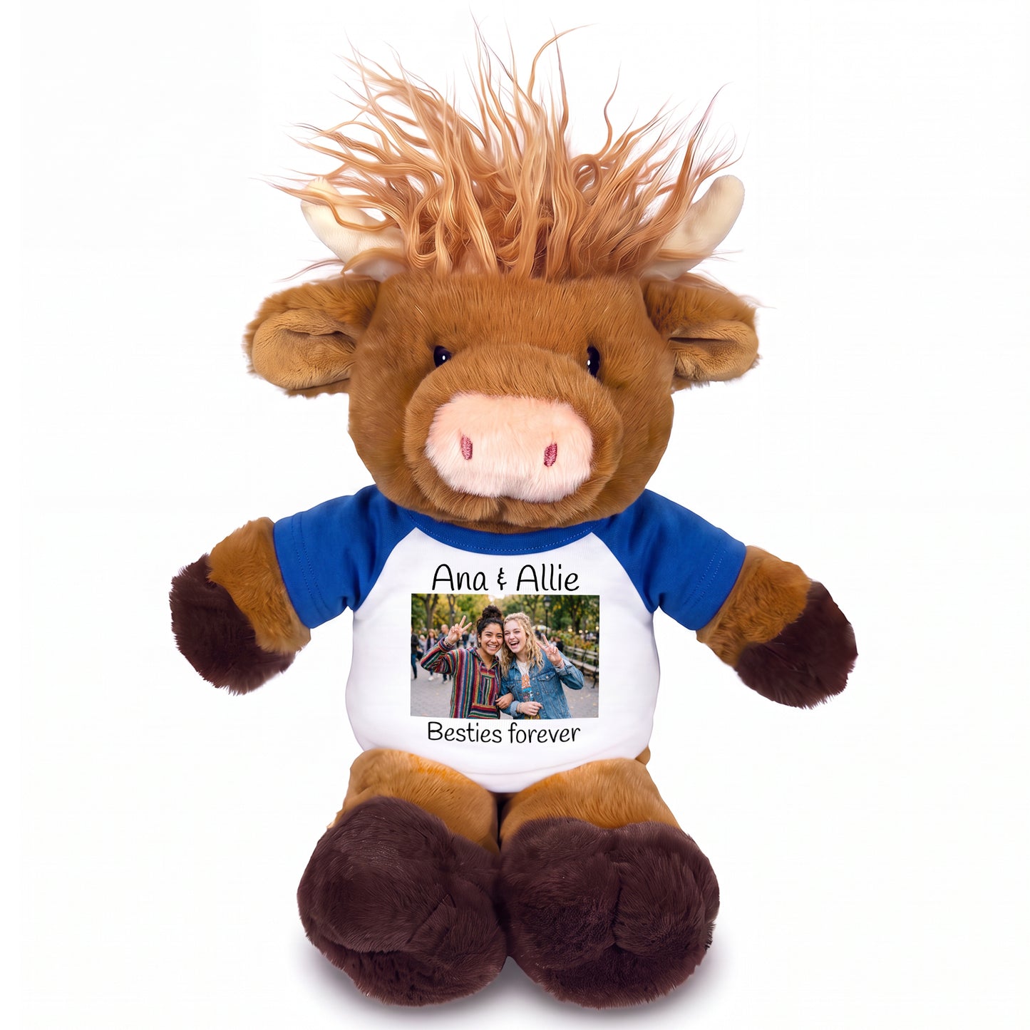 Personalized Stuffed Scottish Highland Cow / Mucklecoo - 12" Plush with Photo & Text - Royal Blue Shirt