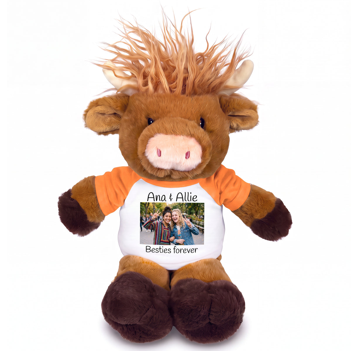 Personalized Stuffed Scottish Highland Cow / Mucklecoo - 12" Plush with Photo & Text - Orange Shirt