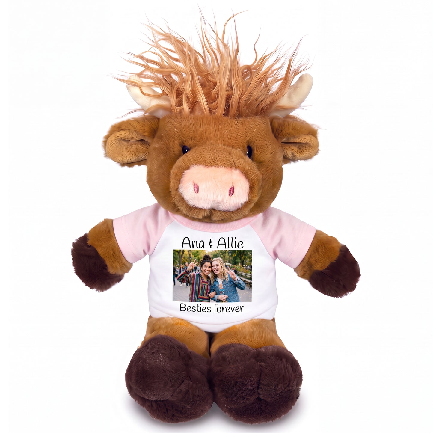 Personalized Stuffed Scottish Highland Cow / Mucklecoo - 12" Plush with Photo & Text - Pink Shirt