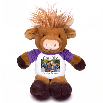 Personalized Stuffed Scottish Highland Cow / Mucklecoo - 12" Plush with Photo & Text - Purple Shirt