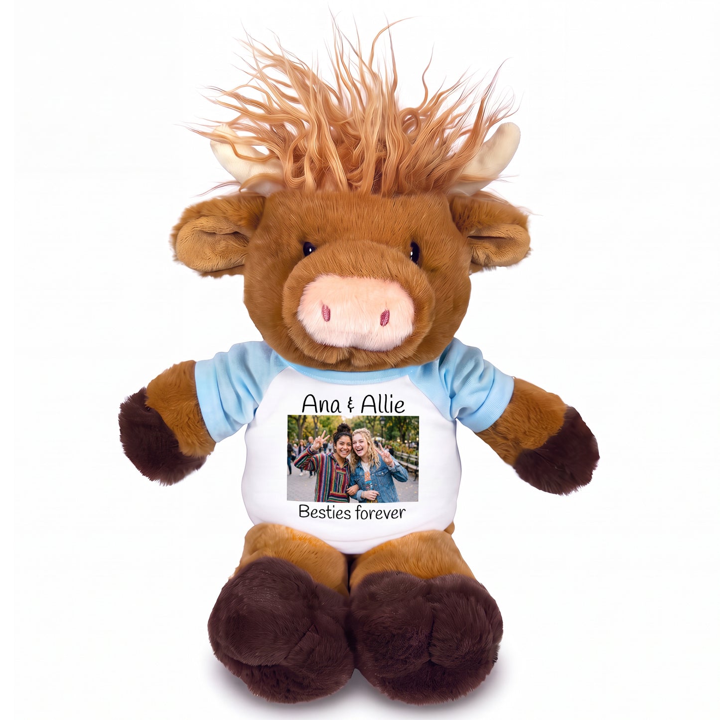 Personalized Stuffed Scottish Highland Cow / Mucklecoo - 12" Plush with Photo & Text - Light Blue Shirt