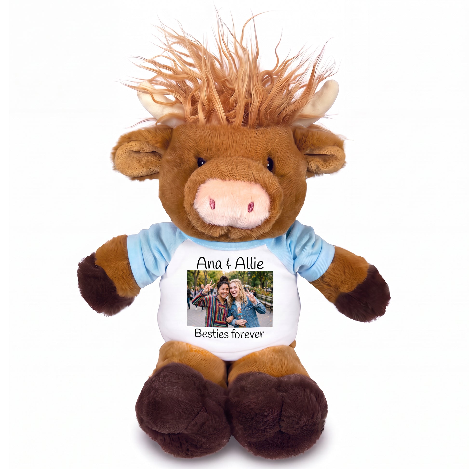 Personalized Stuffed Scottish Highland Cow / Mucklecoo - 12" Plush with Photo & Text - Light Blue Shirt