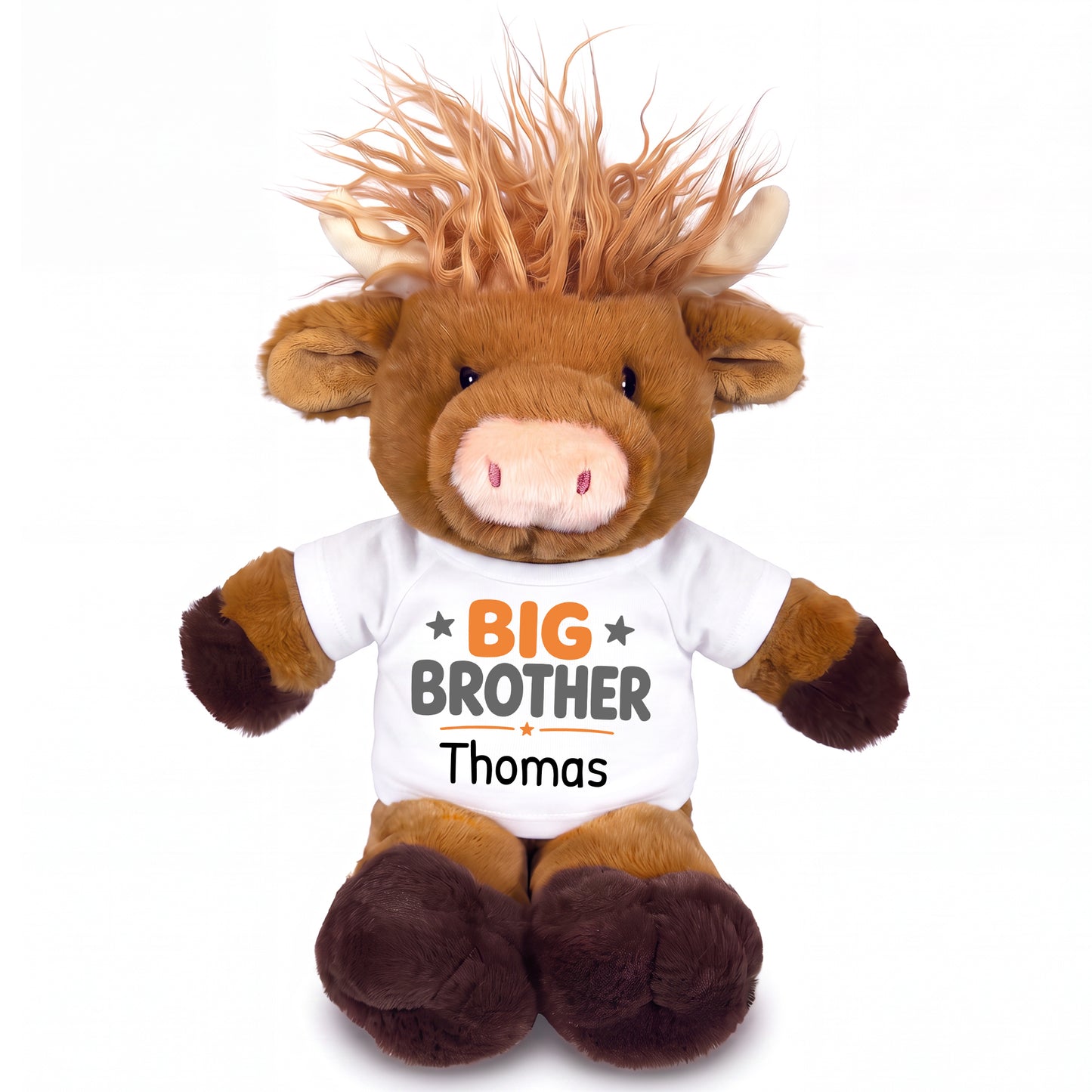 Personalized Big Brother Scottish Highland Cow - 12 inches - White Shirt with Orange Design