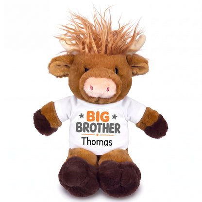 Personalized Big Brother Scottish Highland Cow - 12 inches - White Shirt with Orange Design